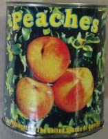tin can with peches cover as the label